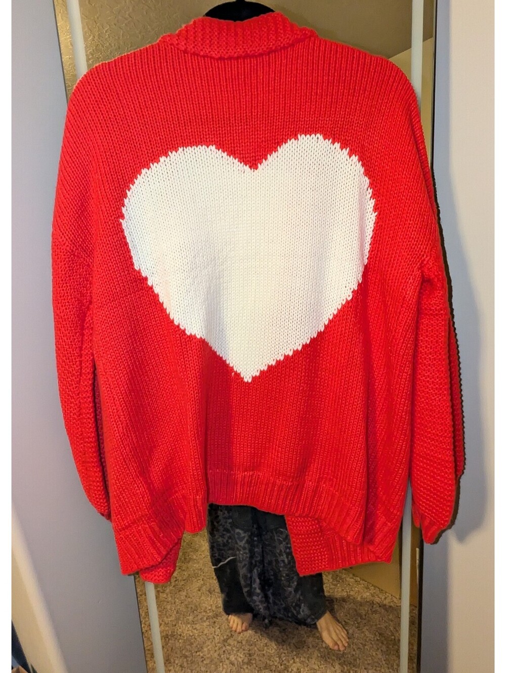 Cozy Red Knit Women's Cardigan with Large White Heart Design, Open Front